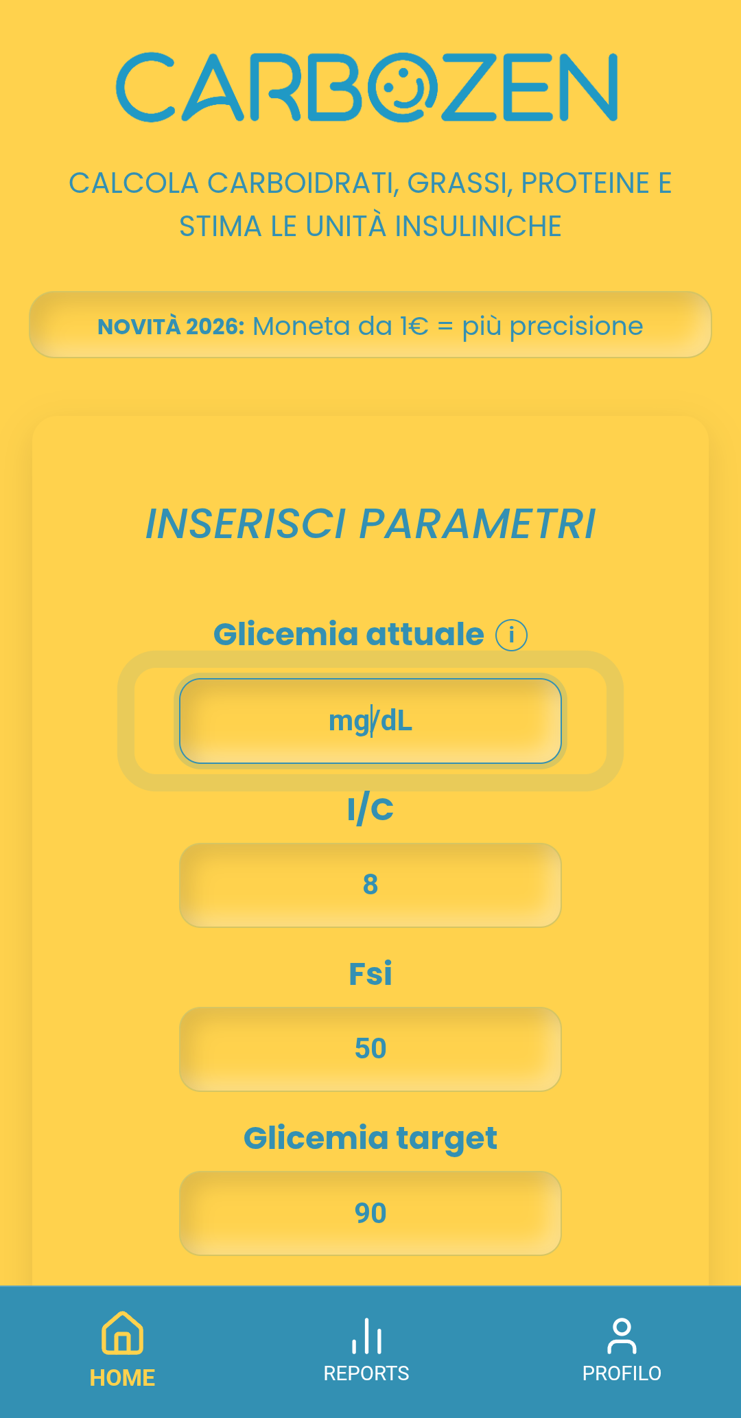 Inserisci la glicemia attuale